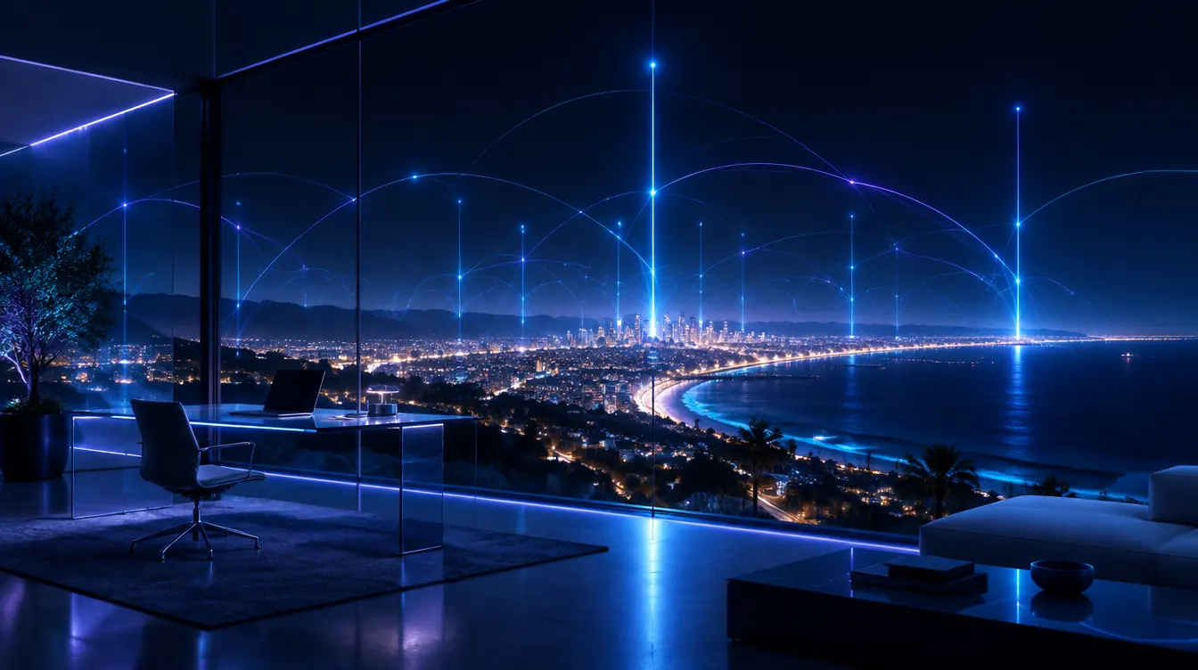 A glass office at night overlooking a California coastline city, with lines of light rising into the sky