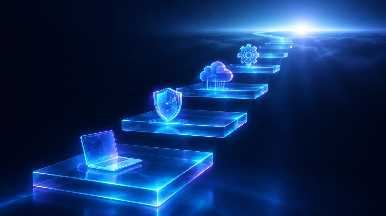 Glass steps rising toward a bright horizon, each holding a small technology icon