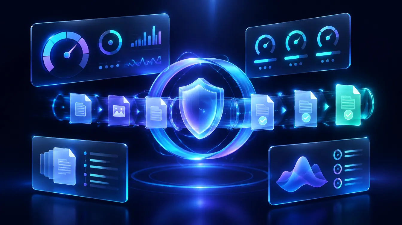 Floating dashboards with risk-score dials and documents moving through an approval pipeline