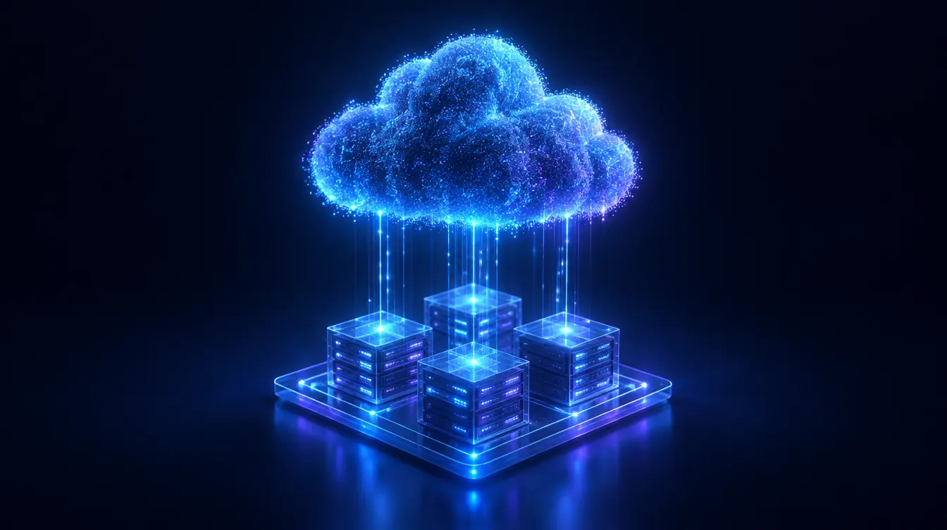 A cloud made of glowing data particles above a platform of glass servers