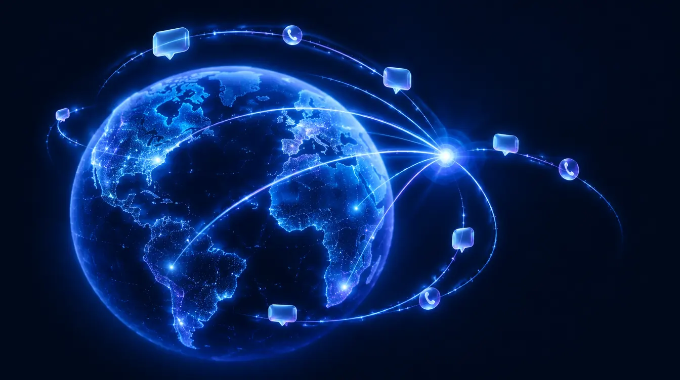 A glowing globe with arcs of light carrying messages and calls to a single hub