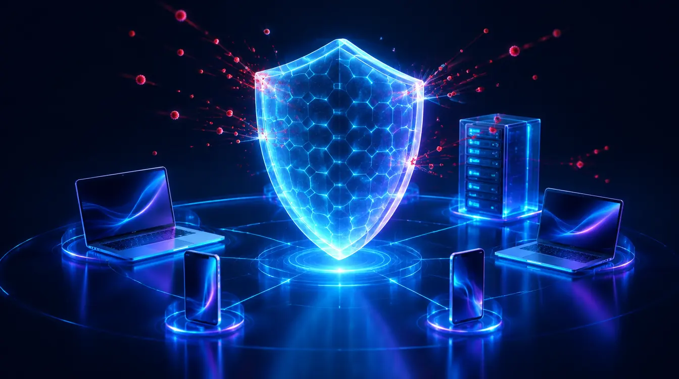 A glowing glass shield over laptops, phones and a server, deflecting red threats