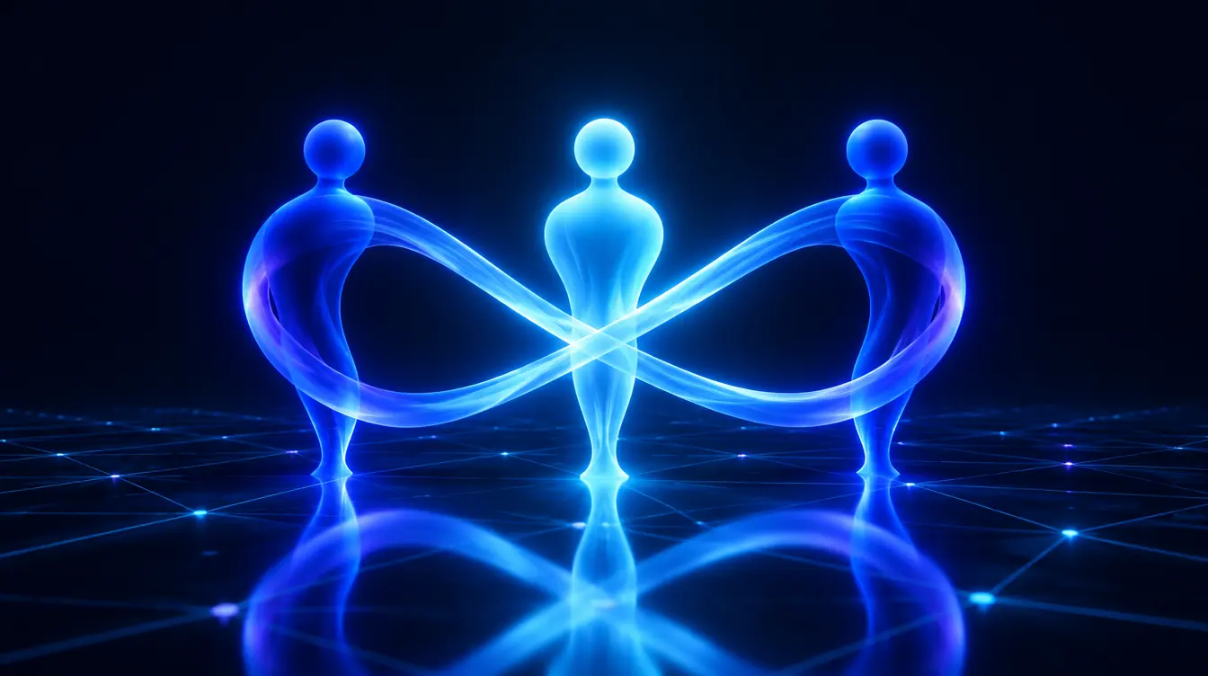 Three glowing figures joined by one continuous ribbon of light, like the CloudMor mark