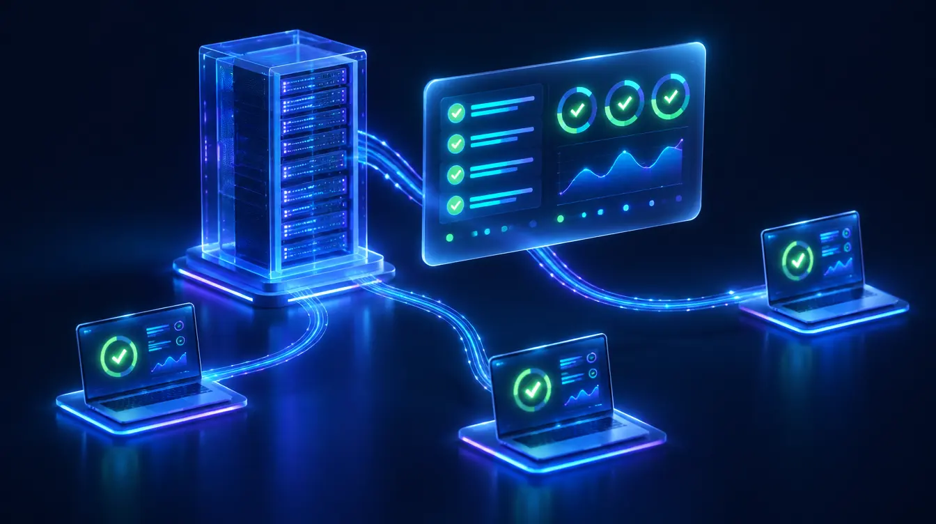 A holographic server and laptops linked to a dashboard of green health checks