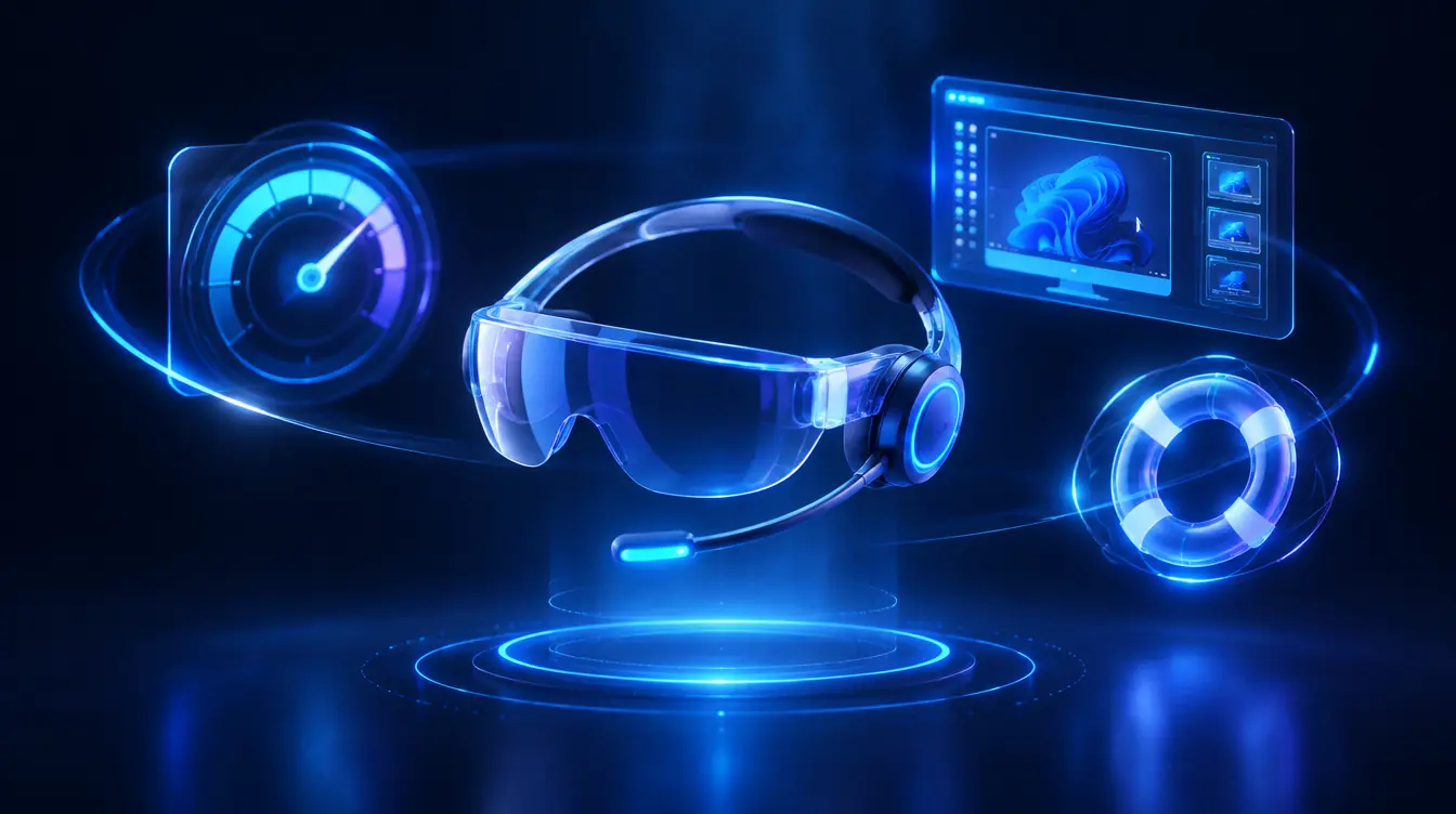 A support headset surrounded by a speed gauge, a remote desktop window and a lifebuoy made of light